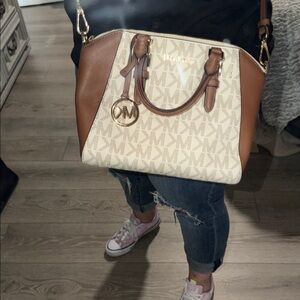 Michael Kors Beige Signature Satchel with Brown Trim
